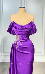 L2428 - Sexy Satin Fitted Off-Shoulder Empire Beaded Ruched With Train Party Prom Evening Dress