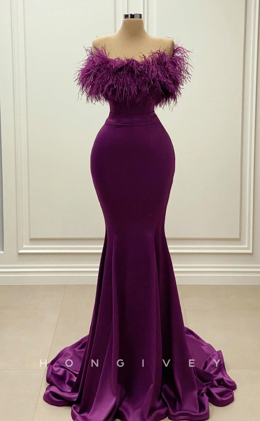 L2429 - Sexy Satin Trumpet Off-Shoulder Empire Feathers With Train Party Prom Evening Dress