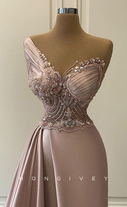 L2430 - Sexy Satin A-Line Spaghetti Straps Empire Beaded With Side Slit Train Party Prom Evening Dress