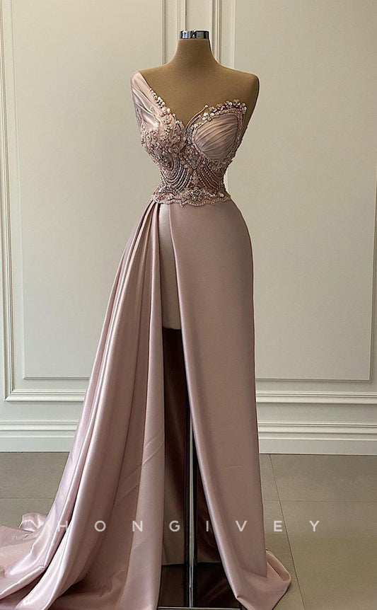 L2430 - Sexy Satin A-Line Spaghetti Straps Empire Beaded With Side Slit Train Party Prom Evening Dress