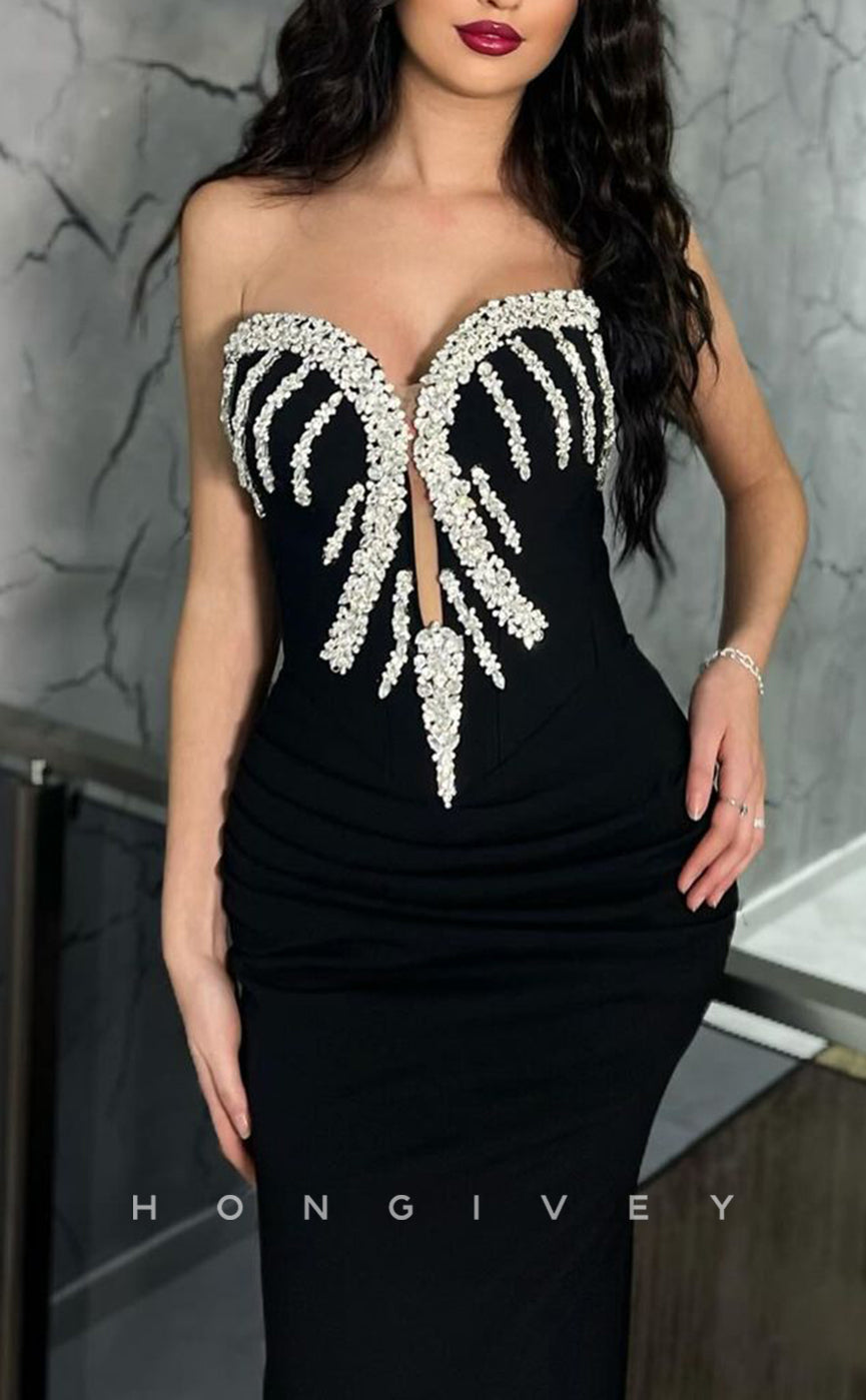 L2431 - Sexy Satin Trumpet Sweetheart Strapless Empire Beaded Ruched With Train Party Prom Evening Dress