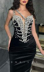 L2432 - Sexy Satin Trumpet One Shoulder Sleeveless Empire Beaded Ruched With Train Party Prom Evening Dress