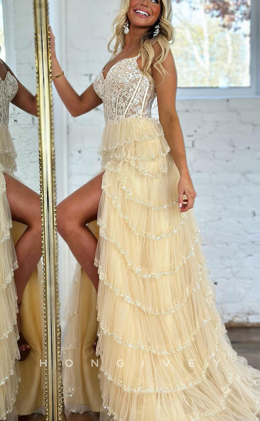 L2434 - Sexy Lace A-Line Sweetheart Spaghetti Straps Illusion Empire Appliques With Side Slit Party Prom Evening Dress
