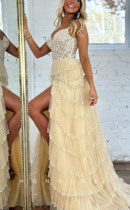 L2434 - Sexy Lace A-Line Sweetheart Spaghetti Straps Illusion Empire Appliques With Side Slit Party Prom Evening Dress