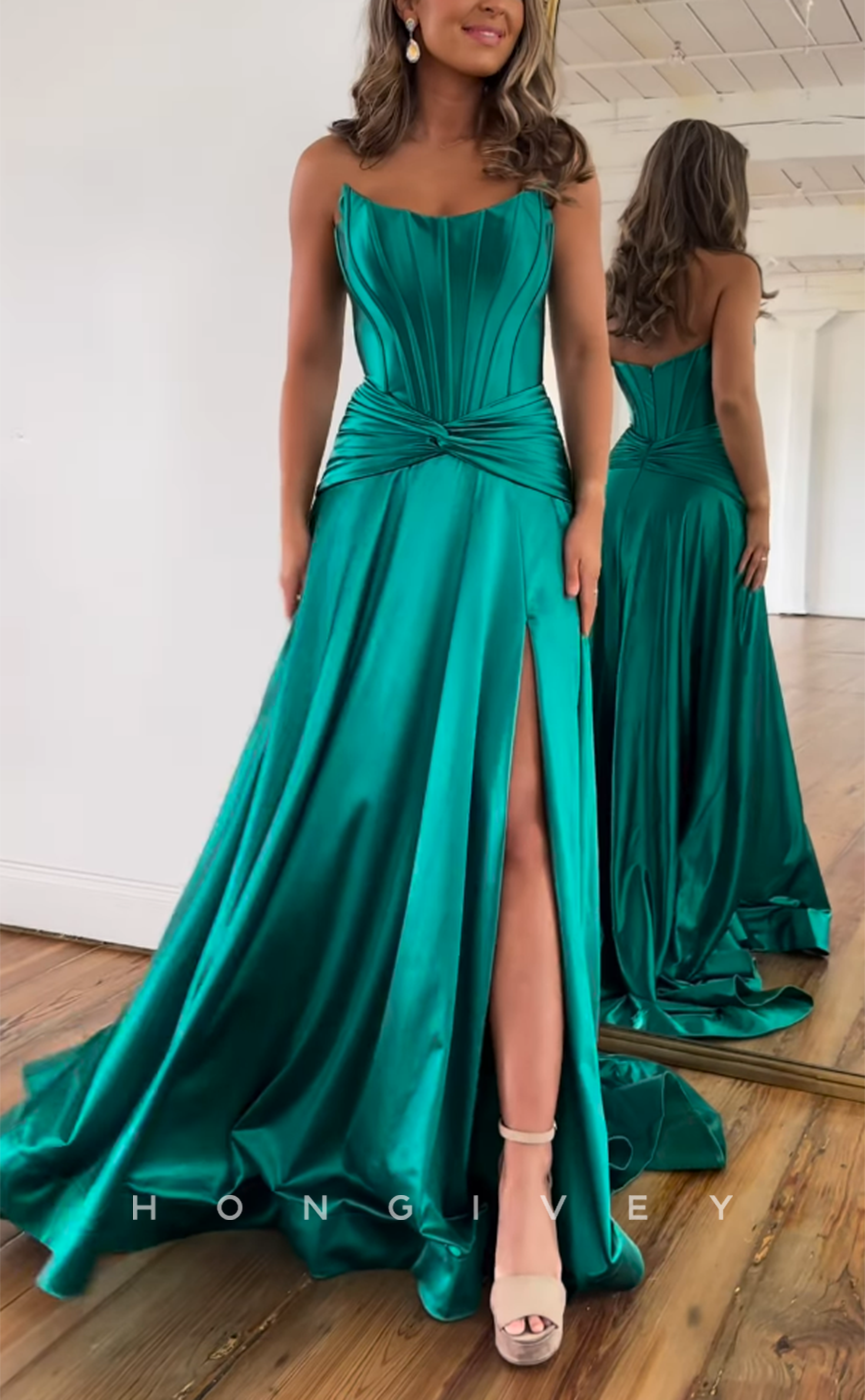 L2435 - Sexy Satin A-Line Bateau Strapless Empire Ruched With Side Slit Party Prom Evening Dress