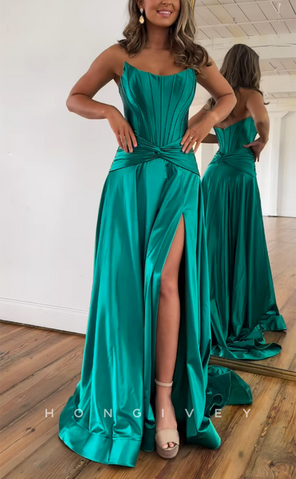 L2435 - Sexy Satin A-Line Bateau Strapless Empire Ruched With Side Slit Party Prom Evening Dress