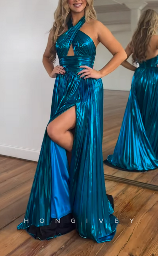 L2437 - Sexy Satin A-Line Halter Sleeveless Empire Illusion With Side Slit Train Party Prom Evening Dress