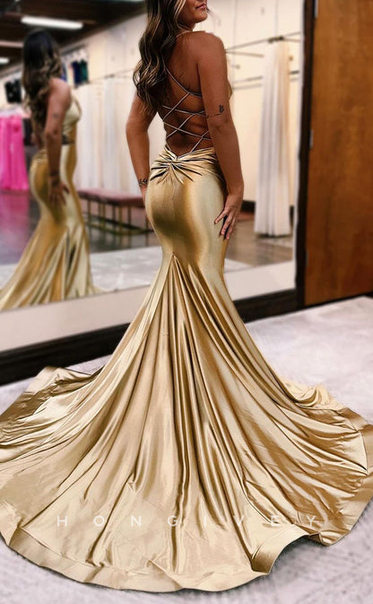 L2439 - Sexy Satin Trumpet V-Neck Spaghetti Straps Empire Lace-Up With Train Party Prom Evening Dress