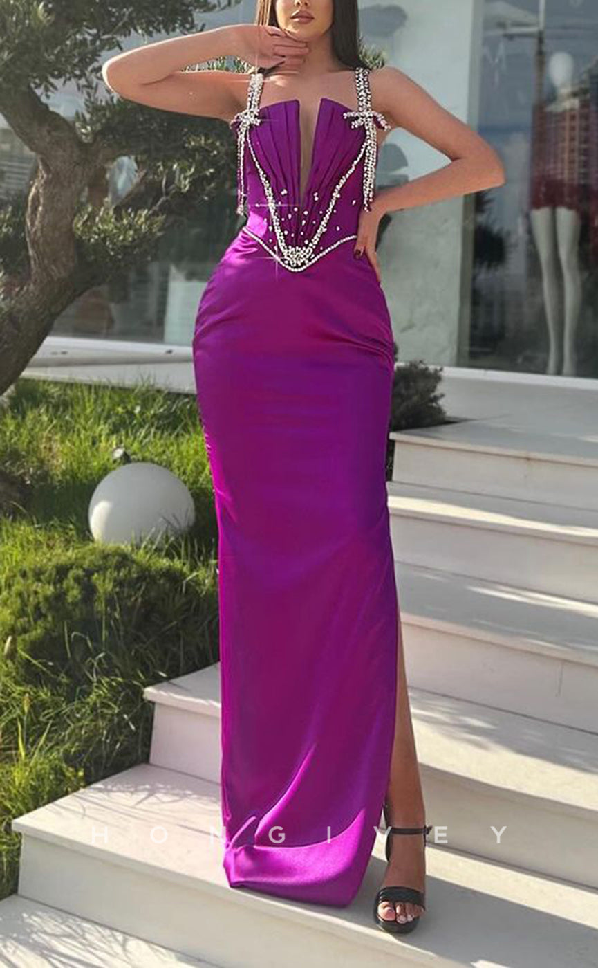 L2441 - Sexy Satin Fitted Asymmetrical Straps Empire Beaded Ruched With Side Slit Party Prom Evening Dress