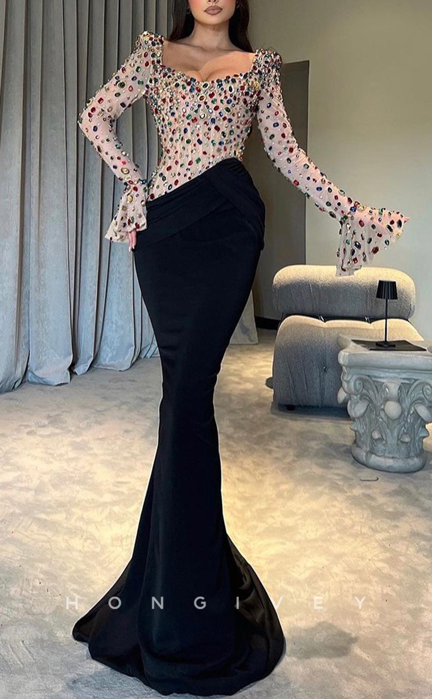 L2442 - Sexy Satin Trumpet Bateau Two Tone Long Sleeve Empire Beaded Party Prom Evening Dress