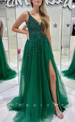 L2453 - Sexy Tulle A-Line V-Neck Sleeveless  Empire Beaded Sequined With Side Slit Party Prom Evening Dress