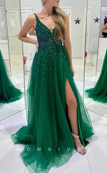 L2453 - Sexy Tulle A-Line V-Neck Sleeveless  Empire Beaded Sequined With Side Slit Party Prom Evening Dress