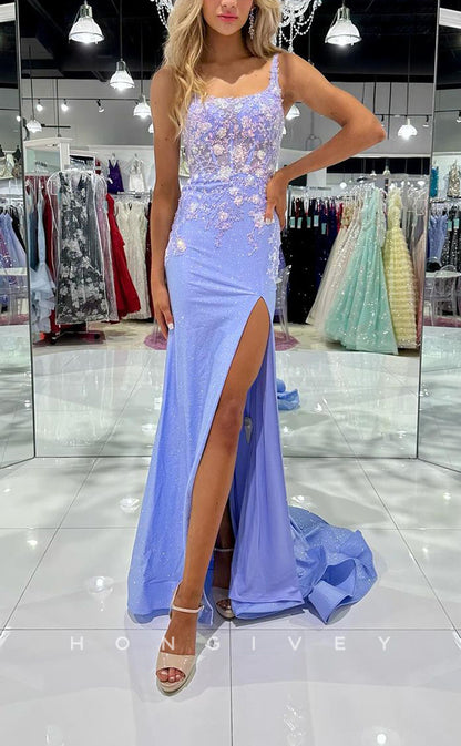 L2454 - Sexy Glitter Satin Fitted Square Straps Appliques Beaded With Side Slit Train Party Prom Evening Dress