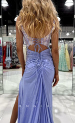 L2454 - Sexy Glitter Satin Fitted Square Straps Appliques Beaded With Side Slit Train Party Prom Evening Dress