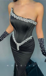 L2455 - Sexy Satin Trumpet Asymmetrical Strapless Empire Beaded Ruched With Train Party Prom Evening Dress