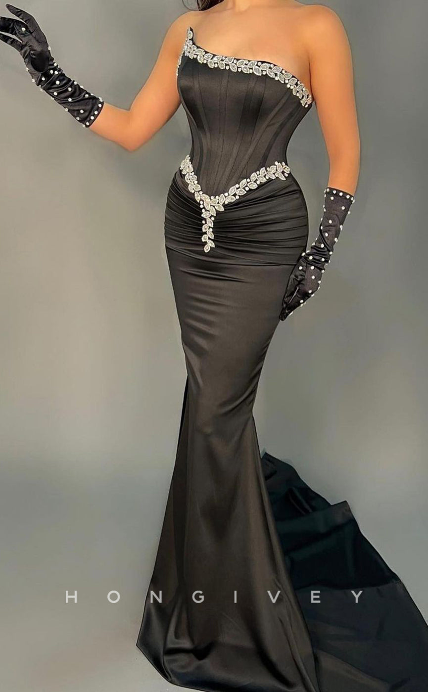 L2455 - Sexy Satin Trumpet Asymmetrical Strapless Empire Beaded Ruched With Train Party Prom Evening Dress
