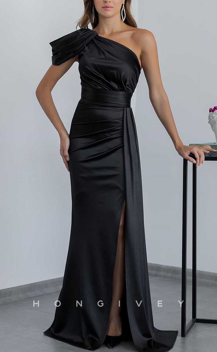 L2456 - Sexy Satin A-Line One Shoulder Empire Ruched With Side Slit Train Party Prom Evening Dress