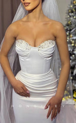 L2457 - Sexy Satin Fitted Sweetheart Strapless Empire Beaded Ruched Party Prom Evening Dress