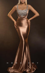 L2461 - Sexy Satin Trumpet Square Straps Empire Beaded Ruched With Train Party Prom Evening Dress