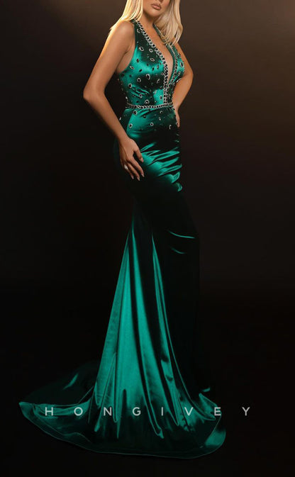 L2464 - Sexy Satin Trumpet V-Neck Halter Empire Beaded With Train Party Prom Evening Dress