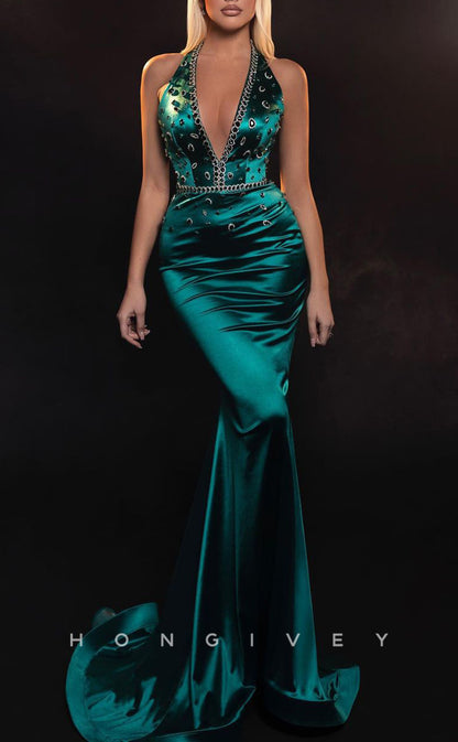 L2464 - Sexy Satin Trumpet V-Neck Halter Empire Beaded With Train Party Prom Evening Dress