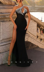 L2470 - Sexy Satin Trumpet One Shoulder Sleeveless Empire Beaded With Side Slit Party Prom Evening Dress