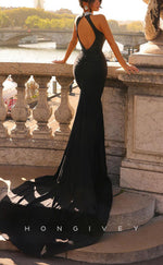 L2471 - Sexy Satin Trumpet High Neck Sleeveless Empire Beaded With Train Party Prom Evening Dress