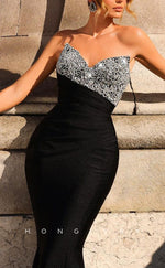 L2472 - Sexy Satin Trumpet V-Neck Strapless Empire Beaded Ruched With Train Party Prom Evening Dress