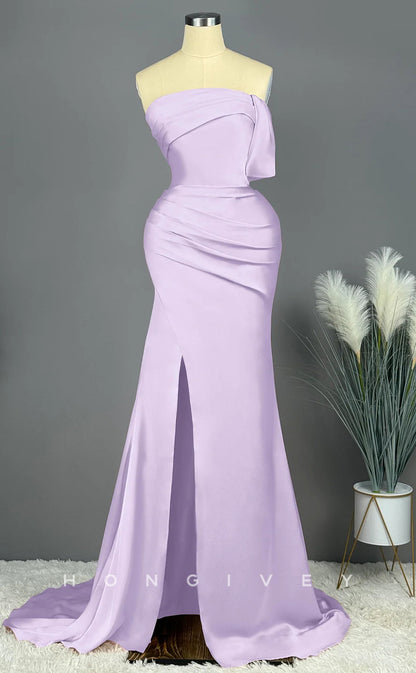 L2475 - Sexy Satin Trumpet One Shoulder Empire Ruched With Side Slit Train Party Prom Evening Dress