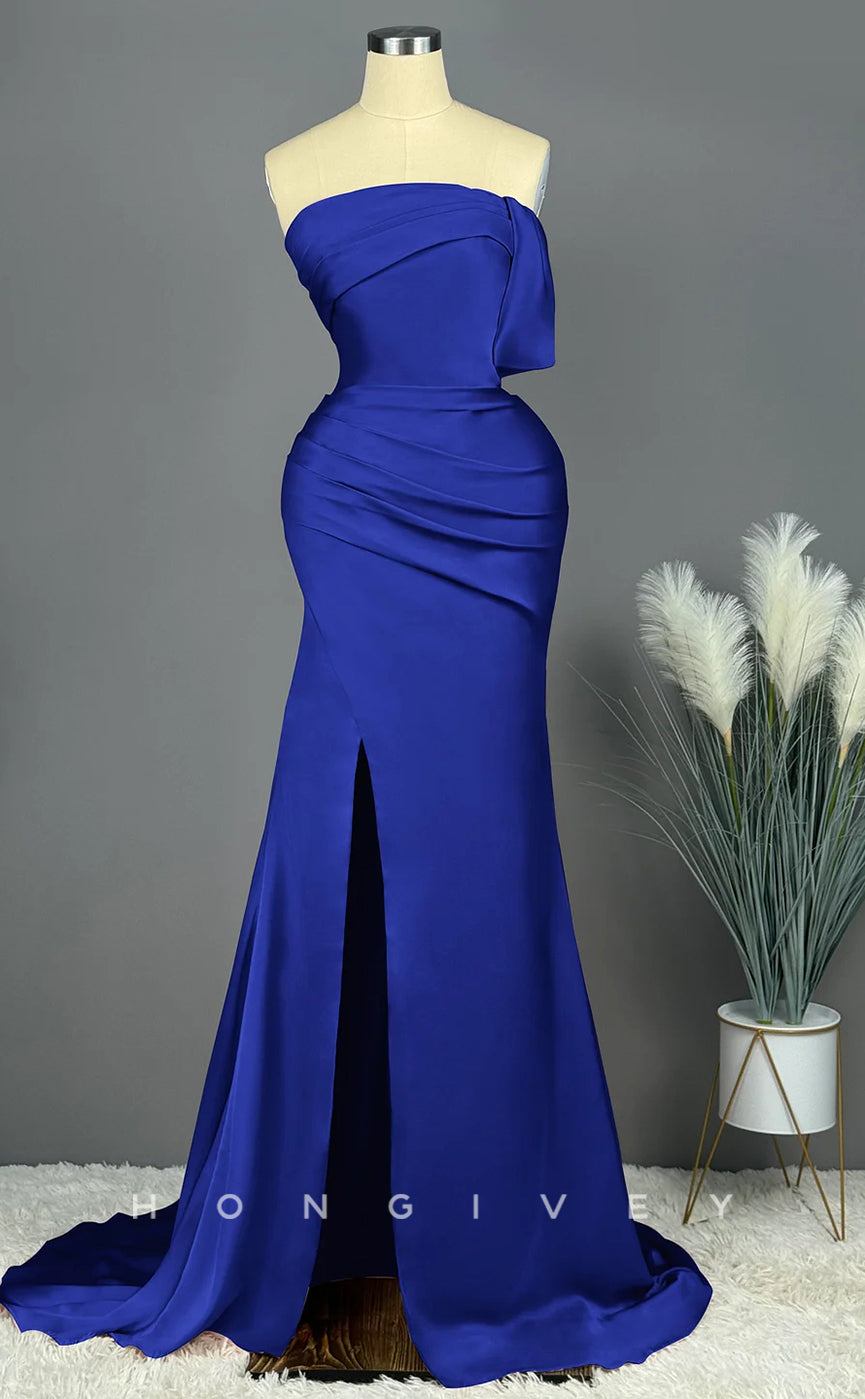 L2475 - Sexy Satin Trumpet One Shoulder Empire Ruched With Side Slit Train Party Prom Evening Dress