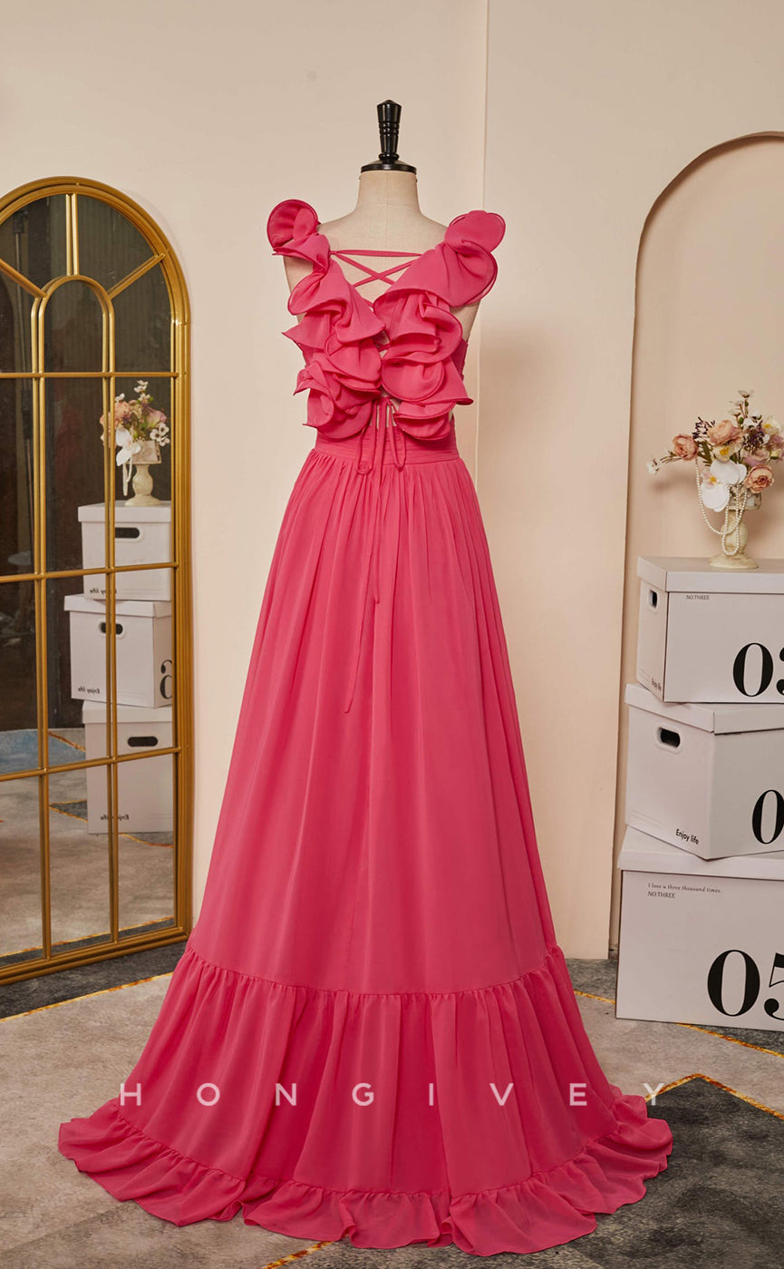 L2476 - Sexy Satin A-Line V-Neck Straps Empire Ruched Floral Embellished Party Prom Evening Dress