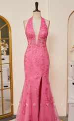 L2478 - Sexy Satin Trumpet V-Neck Halter Empire Sleeveless Appliques Beaded Party Prom Evening Dress