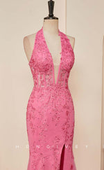 L2478 - Sexy Satin Trumpet V-Neck Halter Empire Sleeveless Appliques Beaded Party Prom Evening Dress