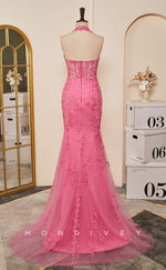 L2478 - Sexy Satin Trumpet V-Neck Halter Empire Sleeveless Appliques Beaded Party Prom Evening Dress