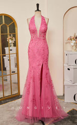 L2478 - Sexy Satin Trumpet V-Neck Halter Empire Sleeveless Appliques Beaded Party Prom Evening Dress