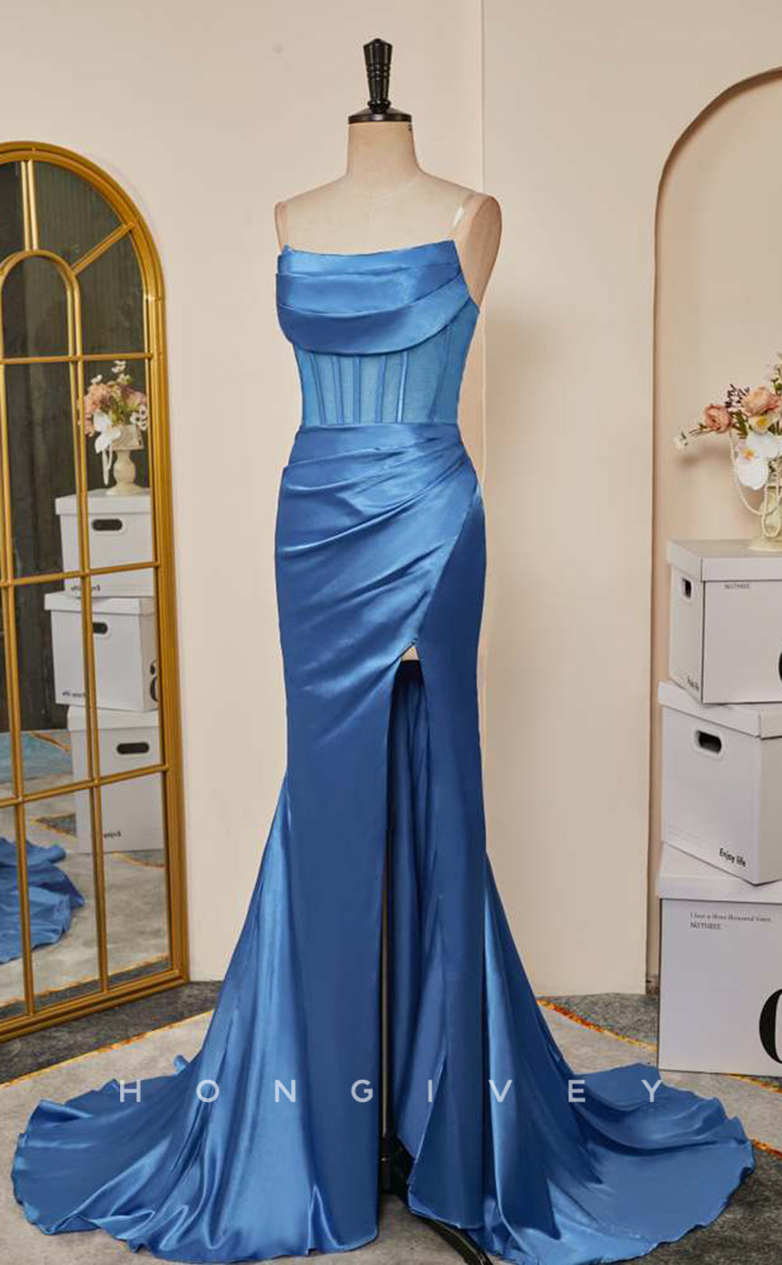 L2479 - Sexy Satin Trumpet Bateau Strapless Empire Pleats With Side Slit Train Party Prom Evening Dress