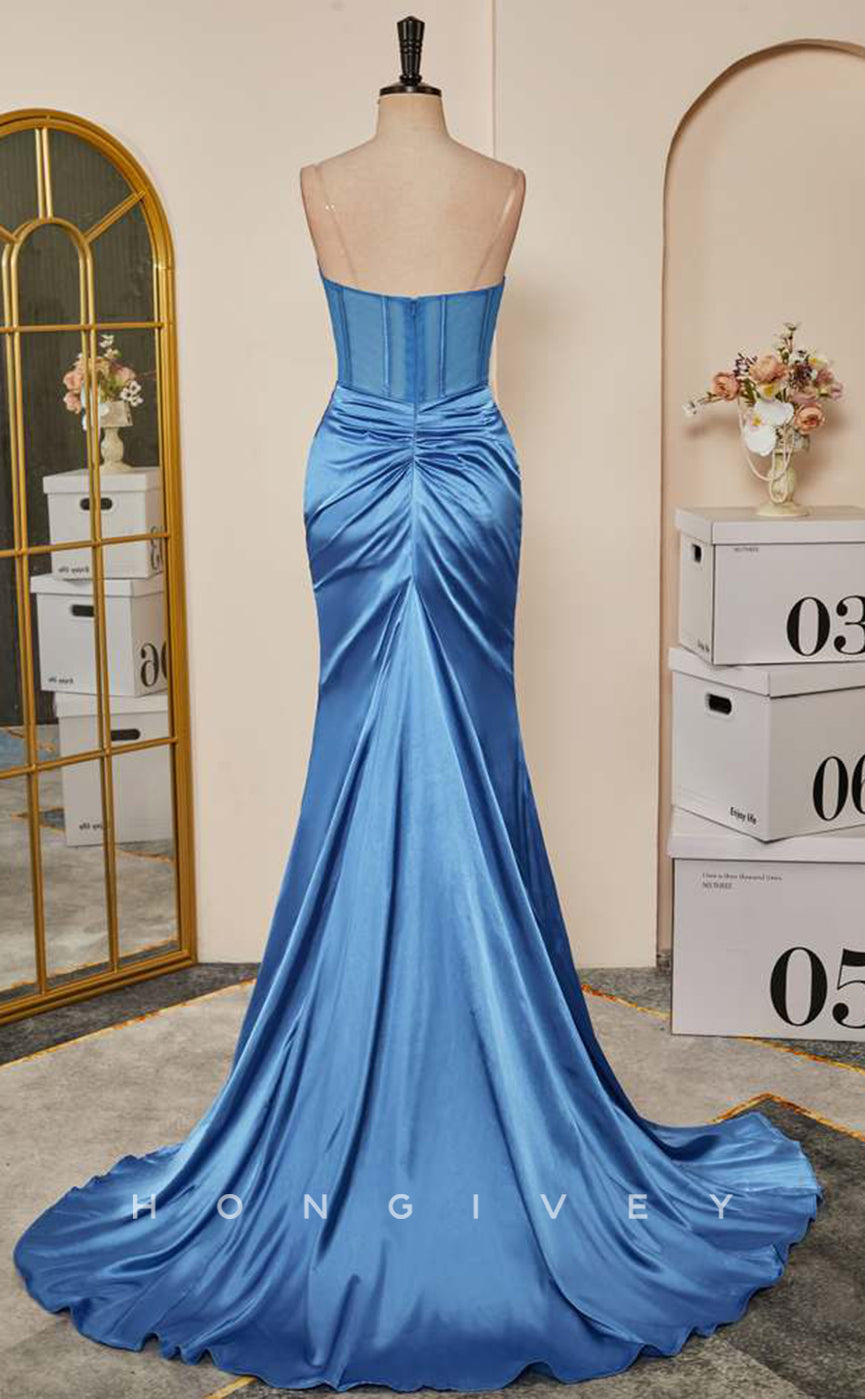 L2479 - Sexy Satin Trumpet Bateau Strapless Empire Pleats With Side Slit Train Party Prom Evening Dress