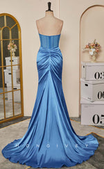 L2479 - Sexy Satin Trumpet Bateau Strapless Empire Pleats With Side Slit Train Party Prom Evening Dress