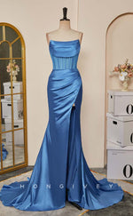 L2479 - Sexy Satin Trumpet Bateau Strapless Empire Pleats With Side Slit Train Party Prom Evening Dress