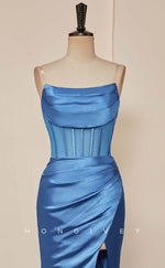 L2479 - Sexy Satin Trumpet Bateau Strapless Empire Pleats With Side Slit Train Party Prom Evening Dress