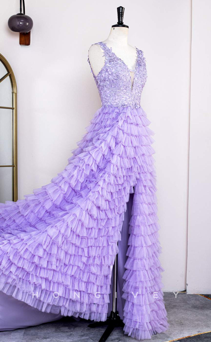 L2481 - Sexy Tulle A-Line V-Neck Sleeveless Empire Appliques Beaded Party Prom Evening Dress