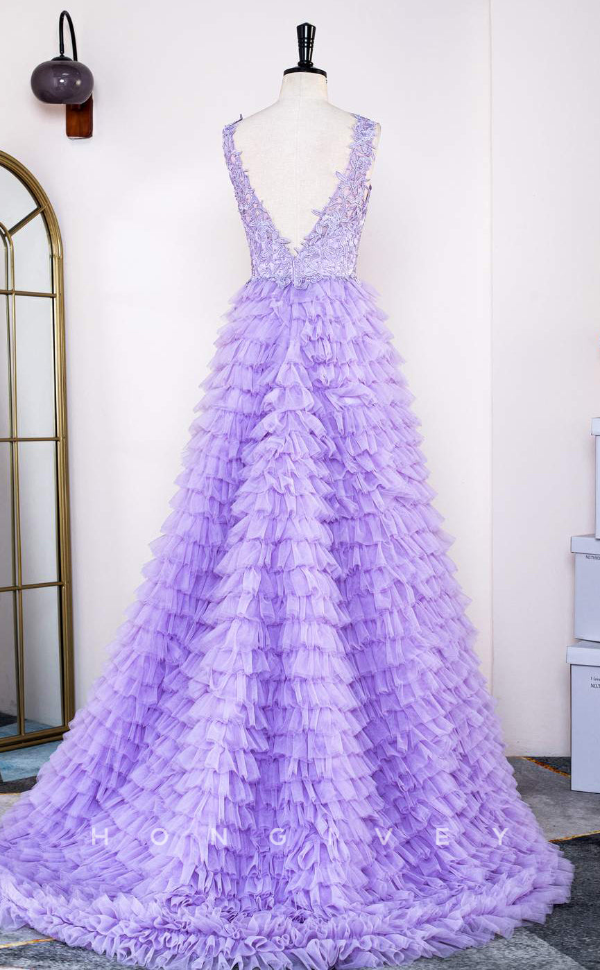 L2481 - Sexy Tulle A-Line V-Neck Sleeveless Empire Appliques Beaded Party Prom Evening Dress