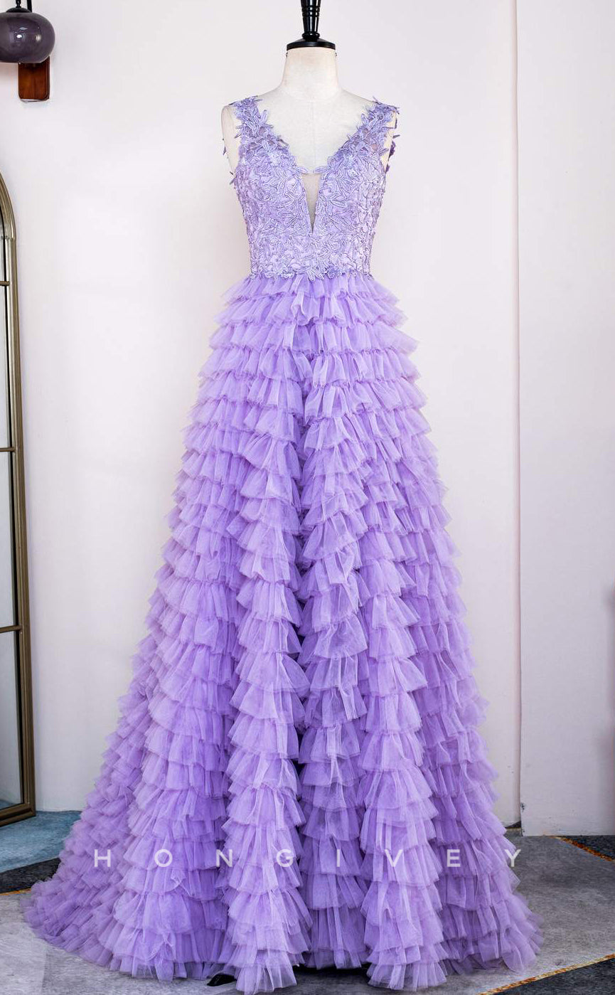 L2481 - Sexy Tulle A-Line V-Neck Sleeveless Empire Appliques Beaded Party Prom Evening Dress