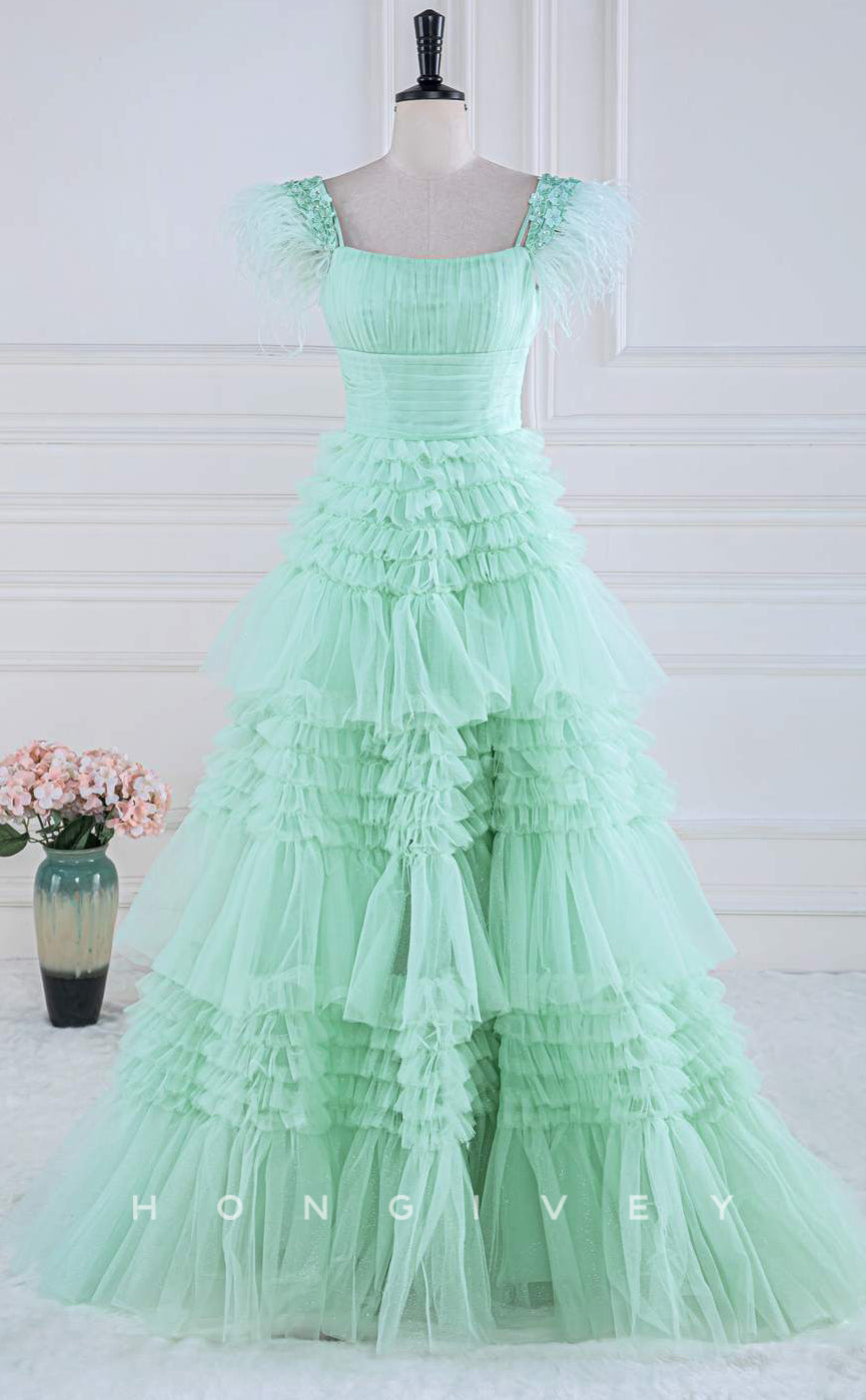 L2486 - Sexy Tulle A-Line Square Straps Appliques Empire Tiered Party Prom Evening Dress