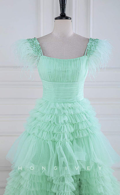 L2486 - Sexy Tulle A-Line Square Straps Appliques Empire Tiered Party Prom Evening Dress