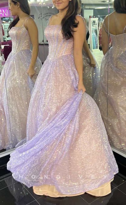 L2490 - Sexy Glitter Tulle A-Line Square Spaghetti Straps Empire Sequined Party Prom Evening Dress