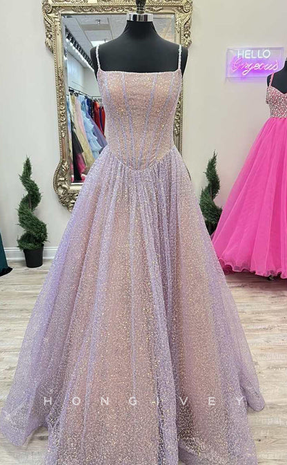 L2490 - Sexy Glitter Tulle A-Line Square Spaghetti Straps Empire Sequined Party Prom Evening Dress