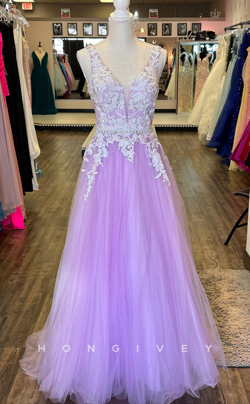 L2491 - Sexy Tulle A-Line V-Neck Sleeveless Empire Appliques Beaded Party Prom Evening Dress