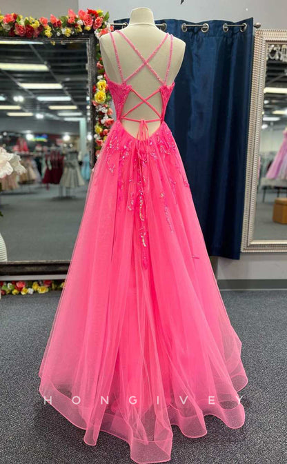 L2492 - Sexy Tulle A-Line Bateau Spaghetti Straps Empire Appliques Beaded Party Prom Evening Dress