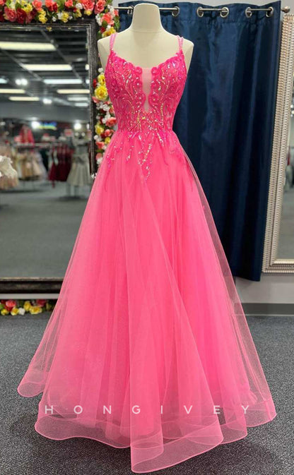 L2492 - Sexy Tulle A-Line Bateau Spaghetti Straps Empire Appliques Beaded Party Prom Evening Dress